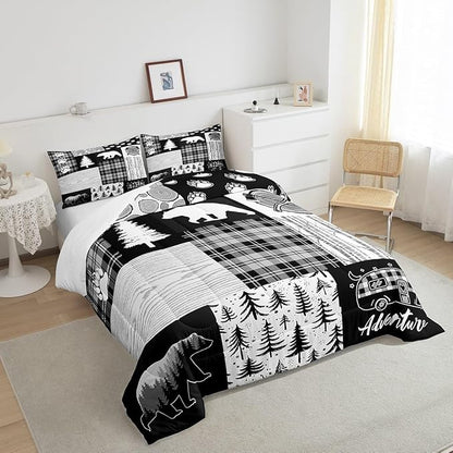 Bear Plaids Comforter Set King Size,Pine Trees Animals Hunting Bedding Set for Kids Boys Girls Adults Room Decor,Adventure Rustic Farmhouse Down Comforter,Black Retro Duvet Insert,2 Pillowcases