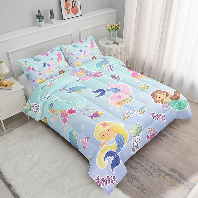 Datura home Girls Mermaid Comforter Set for Girls Women,Kawaii Mermaid Girls Play with Fish Printed Pattern Blue Kawaii Bedding Set with 2 Pillowcases(Girls Twin)