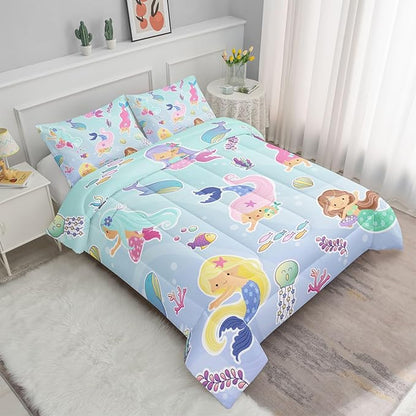 Datura home Girls Mermaid Comforter Set for Girls Women,Kawaii Mermaid Girls Play with Fish Printed Pattern Blue Kawaii Bedding Set with 2 Pillowcases(Girls Twin)