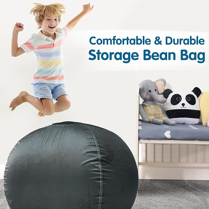 Lukeight Stuffed Animal Storage Bean Bag Chair Cover for Kids, Zipper Beanbag Chair Cover for Organizing Toddler & Kids' Rooms Plush Toys (Dark Gray Velvet, X-Large)