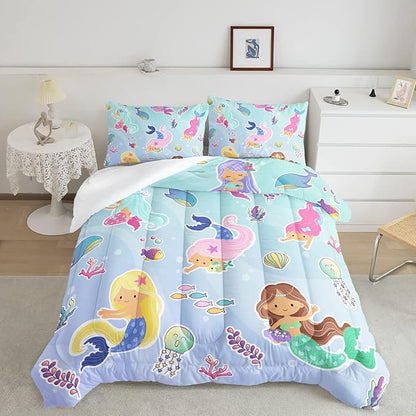 Datura home Girls Mermaid Comforter Set for Girls Women,Kawaii Mermaid Girls Play with Fish Printed Pattern Blue Kawaii Bedding Set with 2 Pillowcases(Girls Full)