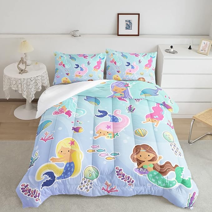 Datura home Mermaid Comforter Set, Kawaii Girls Blue Bedding with 2 Pillowcases, Queen 90x90inches