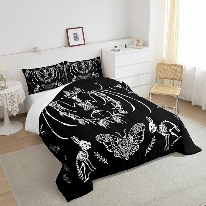 Feelyou Skull Comforter Set Bat Skeleton Comforter Boho Moth Gothic Skull Bedding Set for Kids Boys Girls Adults Halloween Themed Duvet Set Soft Horror Room Decor King Size Quilt Boys