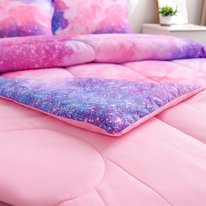 A Nice Night Galaxy Bedding Sets Outer Space Comforter 3D Printed Space Quilt Set Queen Size Glitter Pink Color,for Children Boy Girl Teen Kids