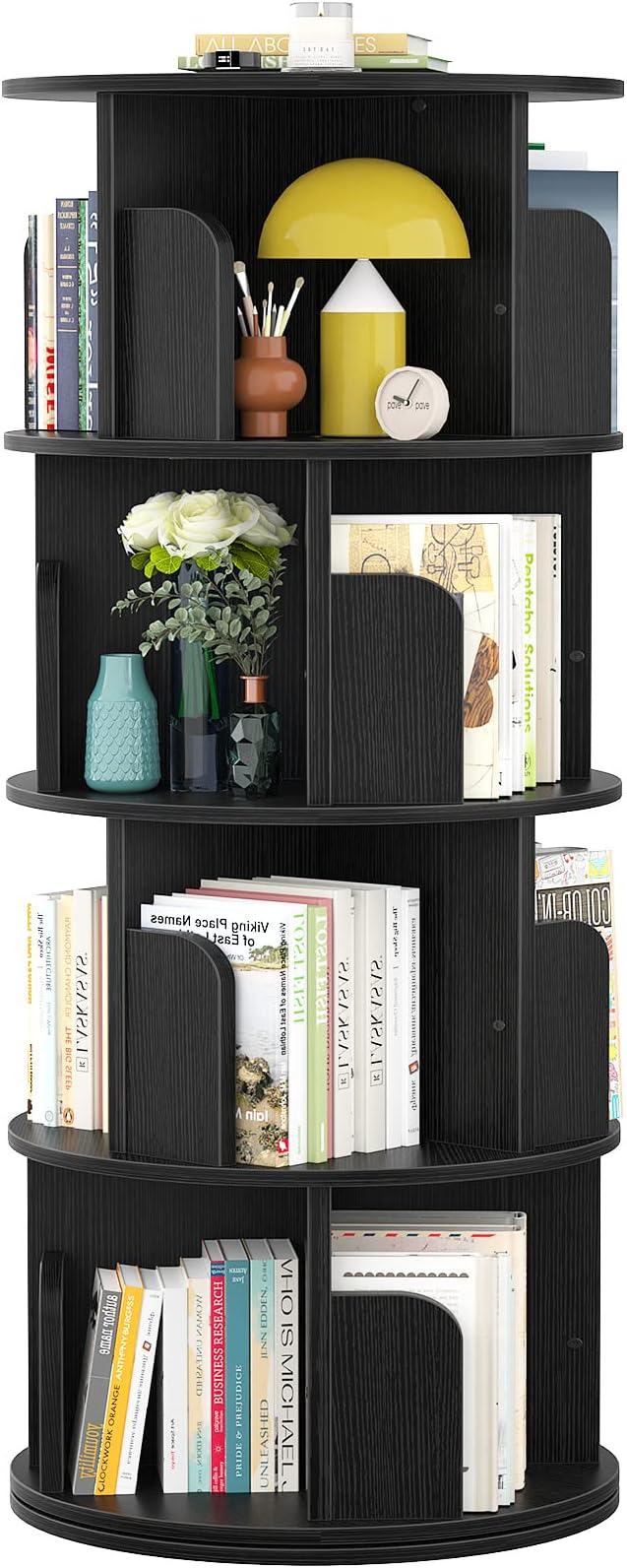Aheaplus Rotating Bookshelf, 360 Display Corner Bookshelf for Small Space, 4 Tier Floor Standing Bookcase Storage Rack, Wood Narrow Organizer for Bedroom, Living Room, Study Room, Black