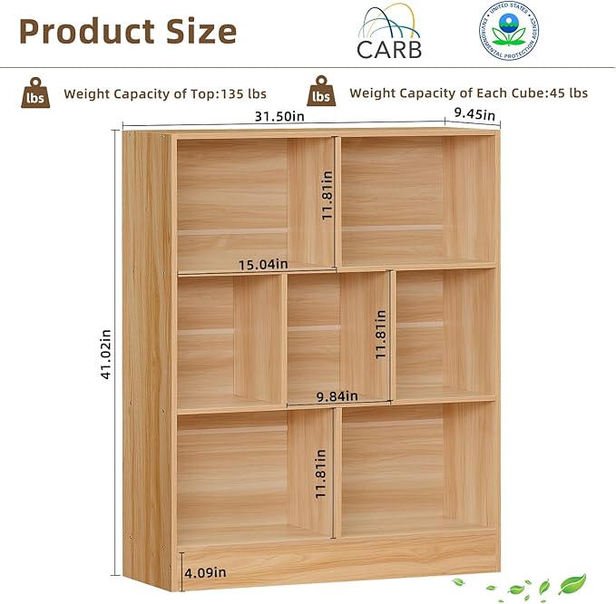 LEYAOYAO 7 Cube Bookshelf with Base,3 Tier Mid-Century Modern Natural Bookcase,Standing Wide Bookshelves Storage Organizer Shelf,Rustic Wood Display Cabinet Book Shelves for Bedroom,Living Room,Office