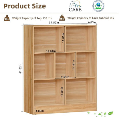 LEYAOYAO 7 Cube Bookshelf with Base,3 Tier Mid-Century Modern Natural Bookcase,Standing Wide Bookshelves Storage Organizer Shelf,Rustic Wood Display Cabinet Book Shelves for Bedroom,Living Room,Office