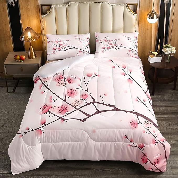 Erosebridal Cherry Blossoms Comforter Set King, Girl Pink Floral Down Comforter, Japanese Spring Bedding Set, Pale Pink Blossom Petal Quilted Duvet,Branch Floral Duvet Set for Women men,Girly Romantic