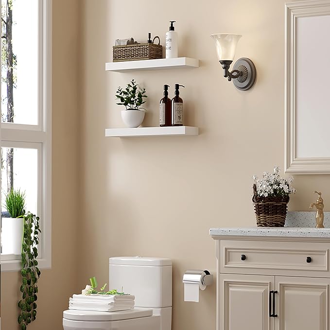 BGMG Wood Floating Shelves 16 inch Set of 2, Rustic Wooden Wall Mount Shelves for Bathroom Living Room Bedroom Kitchen Farmhouse -16x 6.7 x1.25 inch- White