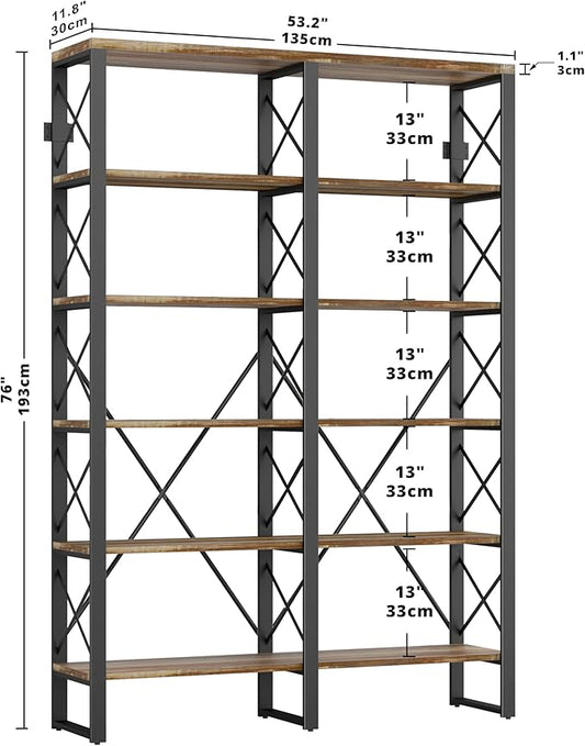 IRONCK Bookshelves Double Wide 6-Tier 76" H, Open Large Bookcase, Industrial Style Shelves for Home Office, Easy Assembly