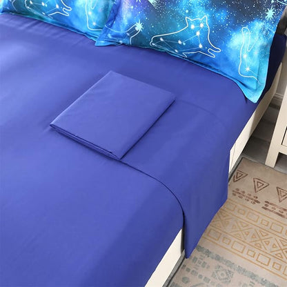 Wowelife 5 Piece Galaxy Space Cat Bedding Comforter Set Queen Constellation Bedding Set Blue Kids Bedding Set Bed in a Bag for Boys and Girls with Comforter, Flat Sheet, Fitted Sheet and 2 Pillowcases