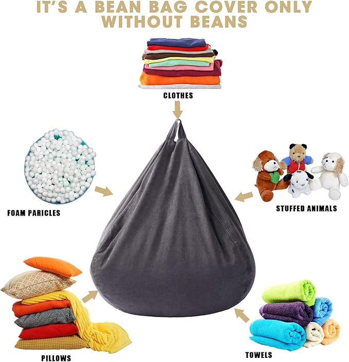 2 Pcs Bean Bag Cover Stuffed Animal Storage Bean Bag Chair Cover Soft Corduroy Stuffed Animal Bean Bag Storage for Kids Adults Indoor Bedroom Organizing Plush Toys(Dark Grey, 150L)