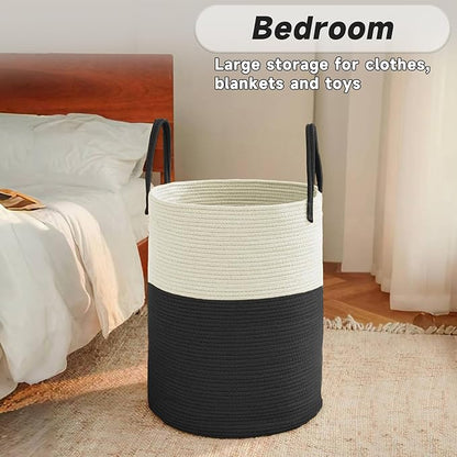 Large Woven Laundry Basket Hamper,60L Cotton Rope Storage Bin for Blankets,Toys and Clothes,Decorative Tall Nursery Hamper for Living Room,Baby Nursery,Bathroom and Bedroom,White and Black