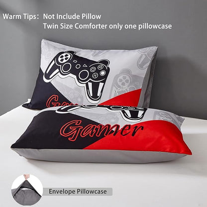 Gaming Comforter Sets for Kids Teen Boys,Video Games Controller Pattern Bedding Set for Room Decor, Full Size 3-Piece Reddish Black Gamer Comforter with 2 Pillowcases,All Season(Red,Full)