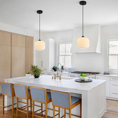 KCO Lighting Small Vintage 7.9” Black White Milk Ribbed Glass Pendant Light | Adjustable Cord E26 Hardwired Mid Century Modern Hanging Light for Sloped Ceilings Kitchen Island Bar Bedroom Dining Room