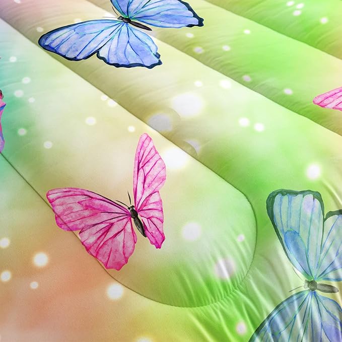 Datura home Bedding Comforter Set Rainbow Watercolor Printed Pattern Quilt Bedding Set with 1 Comforter and 2 Pillowcases for Girls Bedroom All Season(Butterfly Watercolor Twin)