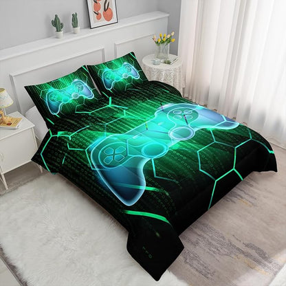 Axolotl Gamepad Comforter Set Twin Size,Number Video Gaming Gamer Bedding Set,Boys Game Console Comforter Set,Geometry Hexagonal Bedding Set for Teens Men Adults,1 Quilt 2 Pillowcases,Green Black