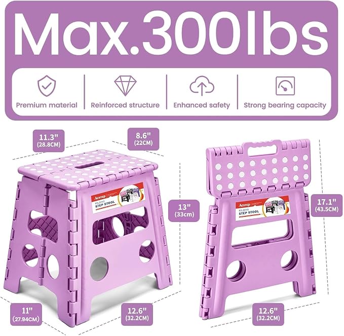 ACSTEP Foldable Step Stool for Adults 13 Inch, 300 lbs, Light Purple | Lightweight Stepping Stool with Handle and Non-Slip Surface, for Reaching Kitchen Cabinets, Bathroom Shelves and Closets