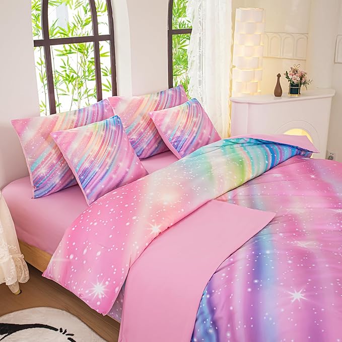 Full Size Bedding Sets Kids Bedding Sets for Girls,Galaxy Bedding 7pieces Glitter Pink Comforter, Colorful Comforter Full Size Comforter Sets for Teen Girls