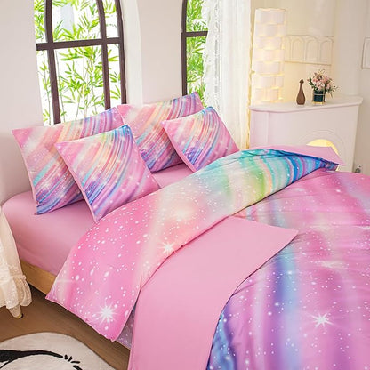 Twin Comforter Set for Girls Galaxy Bedding 7pieces, Ombre Bedding Comforter Sets Rainbow Comforter Glitter Bedding Twin Teen Comforter Sets for Girls