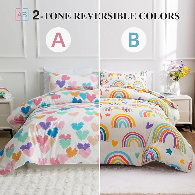 Btargot 3 Piece Kids Rainbow Comforter Set with 2 Pillow Covers, Cartoon Love Hearts Suns and Stars Bedding Set for Girls Boys Kids, Twin Beige