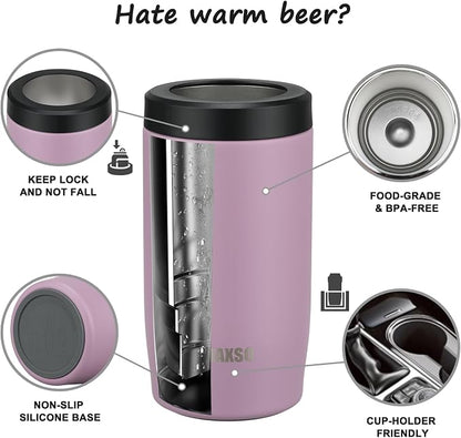 4-in-1 Slim Can Cooler Easy to Hold Insulated Beer Can Holder Double-walled Stainless Steel for All 12 Oz Cans (Purple)