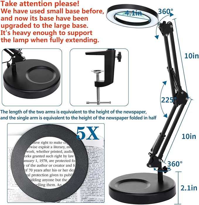 HITTI 【Upgraded】 5X LED Magnifying Lamp, 1,800 Lumens Stepless Dimmable, 3 Color Modes, 8-Diopter 4.2″ Real Glass Lens Magnifier Desk lamp, Magnifying Light and Stand for Crafts Reading Close Work
