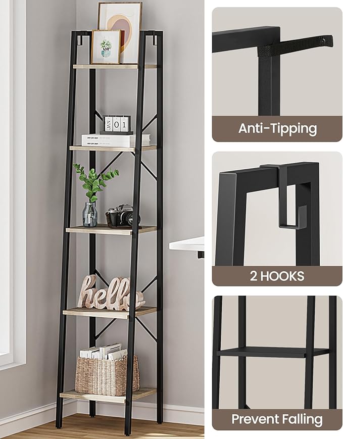 Ladder Shelf, Bookshelf Bookcase, Freestanding Corner Storage Shelve with 2 Hooks for Home Office, Living Room, Kitchen, Bedroom, Industrial, 5-Tier Greige BC03205B