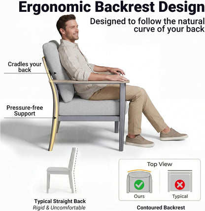 Aluminum Outdoor Patio Chair Set with 5.1-Inch Thick Cushions | 2-Piece: 2 Wood-Look Armrest Club Chairs for Porch, Deck & Balcony, Gray
