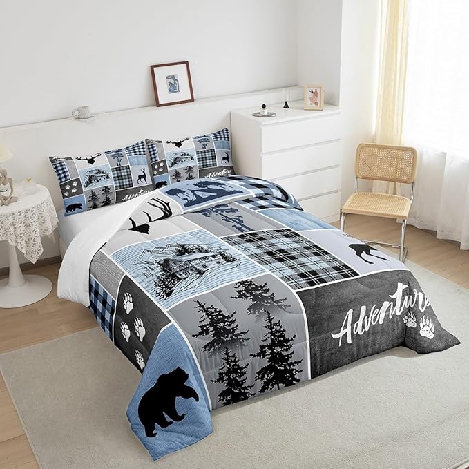 Manfei Deer Antler Comforter Set Full Size,Bear Paws Rustic Farmhouse Xmas Bedding Set for Kids Boys Girls Adults Room Decor,Plaids Patchwork Adventure Down Comforter,Blue Duvet Insert,2 Pillowcases