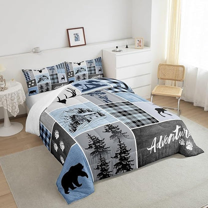 Manfei Deer Antler Comforter Set Full Size,Bear Paws Rustic Farmhouse Xmas Bedding Set for Kids Boys Girls Adults Room Decor,Plaids Patchwork Adventure Down Comforter,Blue Duvet Insert,2 Pillowcases