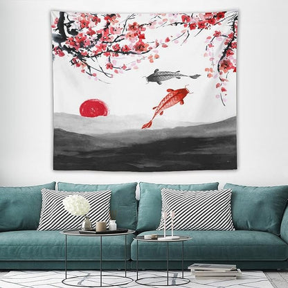 Houselerax Japanese Koi Fish Tapestries, Cherry Blossoms Asian Oriental Flower Branch Koi Fish Carp Tapestry Wall Hanging for Bedroom Living Room Office Decor 60"x50"