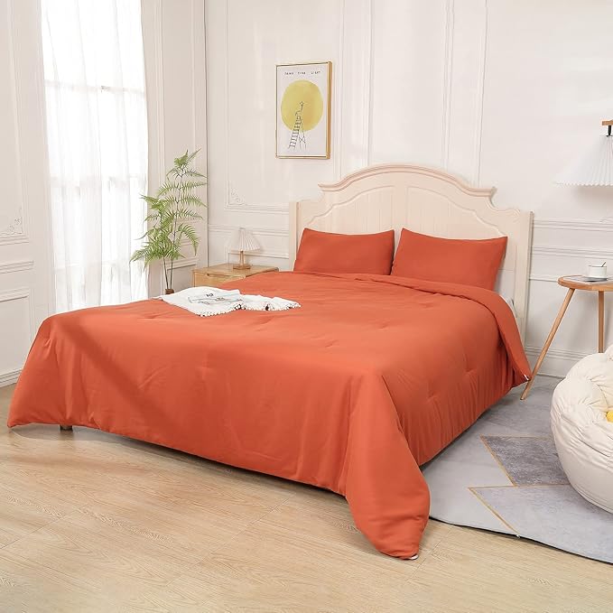 Terracotta Comforter King Size, Modern Burnt Orange Bedding Set, Cute Soft & Lightweight Chic Microfiber Bed Sets, 3 pcs-1 Comforter & 2 Pillowcases (104"x90")