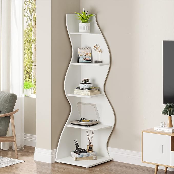 Small Corner Shelf, Modern 5-Tier Wall Corner Bookshelf, Stylish Bookcase Storage Rack for Small Space,Living Room. Bedroom