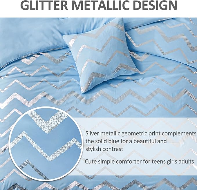 Blue/Silver Comforter Set Twin, Metallic Print Glitter Bedding Set Cute Shinny Bed Sets for Teen Girls Kids Women, 3 Piece (1 Pillowcase, 1 Decorative Pillow Sham)