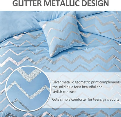 King Comforter Set Blue/Silver Metallic Print Glitter Bedding Set Cute Shinny Bed Sets for Teen Girls Kids Women, 4 Piece (2 Pillowcases, 1 Decorative Pillow Sham)