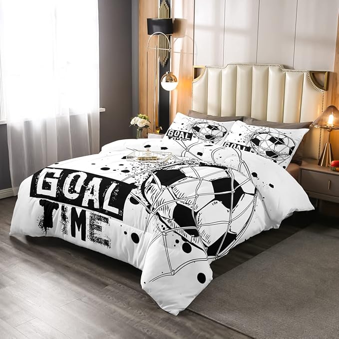 Erosebridal Kids Football Comforter Set Twin Size American Soccer Bedding Set Sports Games Duvet Sets for Boys Girls Children Teens Geometric Polygon Down Comforter for Bedroom, Black White
