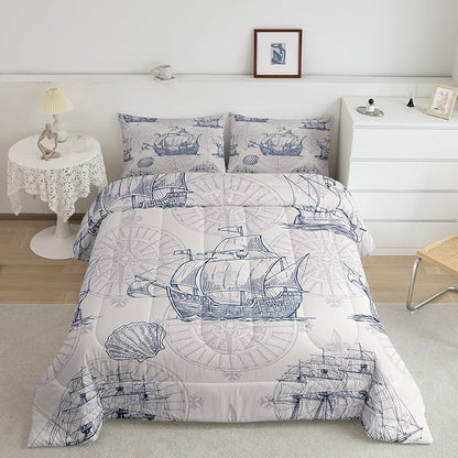 Nautical Comforter Set Sailboat Down Comforter Twin,Blue White Vintage Style Quilted Duvet Set Luxury Anchor Crab Pattern Bedding Insert Set for Kids, Adult Teen Boys Girls Bedroom Ocean Beach Decor
