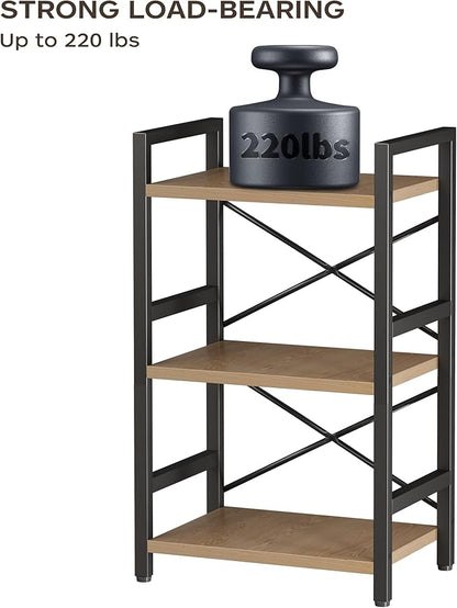Bookshelf, 3 Tier Industrial Bookcase, Metal Small Bookcase, Rustic Etagere Book Shelf Storage Organizer for Living Room, Bedroom, and Home Office(Light Coffee) Patent Pending D29873033