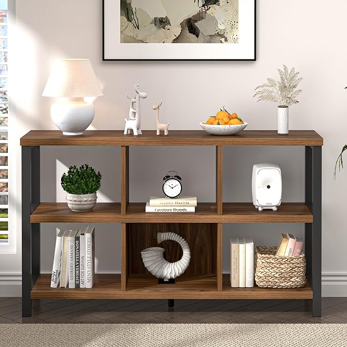 FOLUBAN 6 Cube Storage Organizer Bookshelf, Industrial Horizontal Low Cubby Bookcase for Living Room Bedroom (Rustic Walnut, 47 Inch)