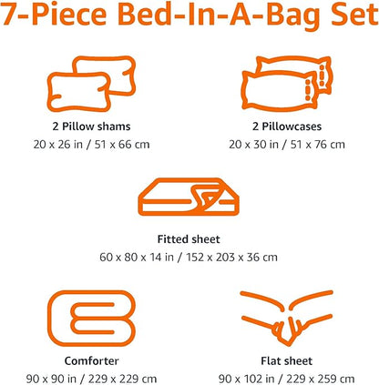 Amazon Basics 7 Piece Microfiber Kid's Bed-in-a-Bag Bedding, Full/Queen, Bluish Flowers, Floral