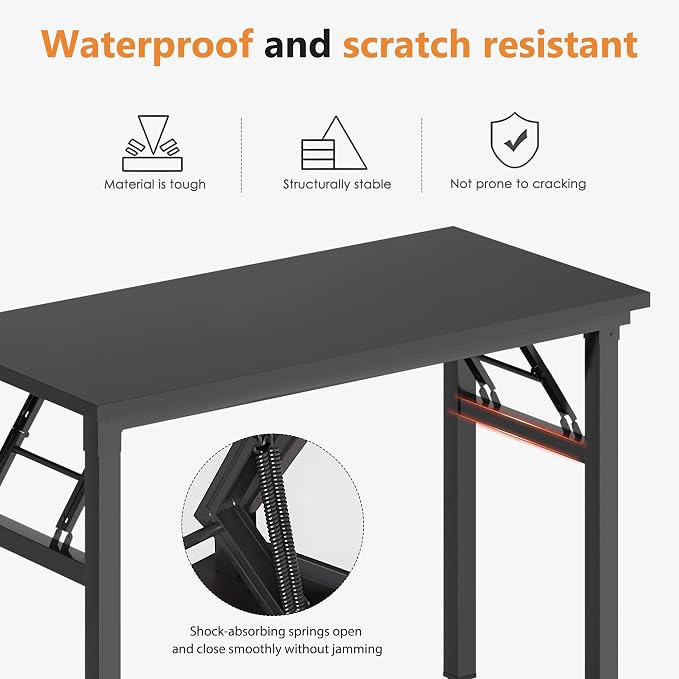 DlandHome 39.4 Inch Small Folding Computer Desk for Home Office, Black | Foldable Writing Table for Small Spaces Bedroom, No Assembly Required, Wood Top Metal Frame, Collapsible Compact Easy Storage