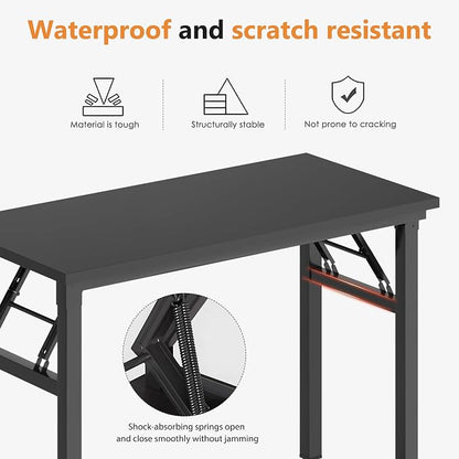 DlandHome 39.4 Inch Small Folding Computer Desk for Home Office, Black | Foldable Writing Table for Small Spaces Bedroom, No Assembly Required, Wood Top Metal Frame, Collapsible Compact Easy Storage