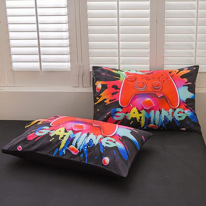 Aimuan Gamer Gaming Bedding Sets 3D Gamepad Comforter Sets for Boys Games Console Action Buttons Novelty Colorful Game Controller Modern Room Decor Home Quilt Set (Black, Full 6PCS)