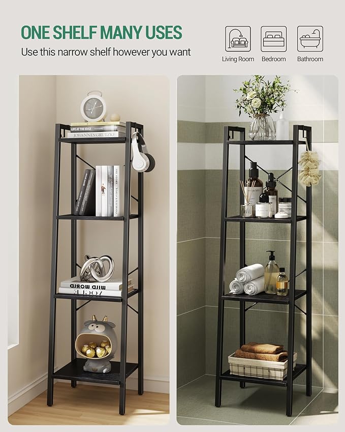 Ladder Shelf, Bookshelf Bookcase, Freestanding Corner Storage Shelve with 2 Hooks for Home Office, Living Room, Kitchen, Bedroom, Industrial, 4-Tier Black BC13204B