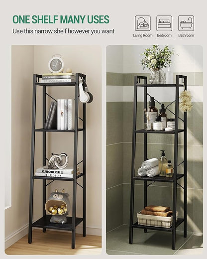Ladder Shelf, Bookshelf Bookcase, Freestanding Corner Storage Shelve with 2 Hooks for Home Office, Living Room, Kitchen, Bedroom, Industrial, 4-Tier Black BC13204B