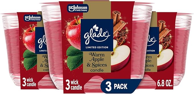 Glade 3-Wick Scented Candle Jar, Warm Apple & Spices, Air Freshener Infused with Essential Oils, 6.8 Oz, 3 Count