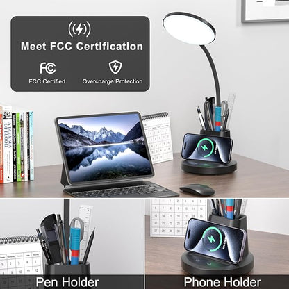 comzler LED Desk Lamp with Wireless Charger Pen Phone Holder, Black Desk Lamp for Home Office, Dimmable Desk Light 3 Color Modes, College Dorm Study Lamp for College Dorm, CRI 90 800 Lumen