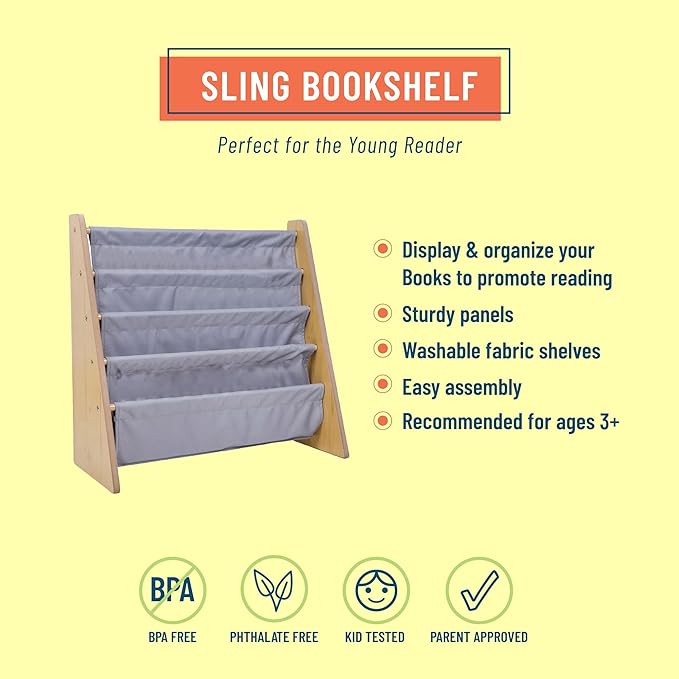 Wildkin Kids Canvas Sling Bookshelf for Boys and Girls, Wooden Design Features Four Fabric Shelves, Keep Bedrooms, Playrooms, and Classrooms Organized, Measures 25 x 24 x 11 Inches (Natural w/ Gray)