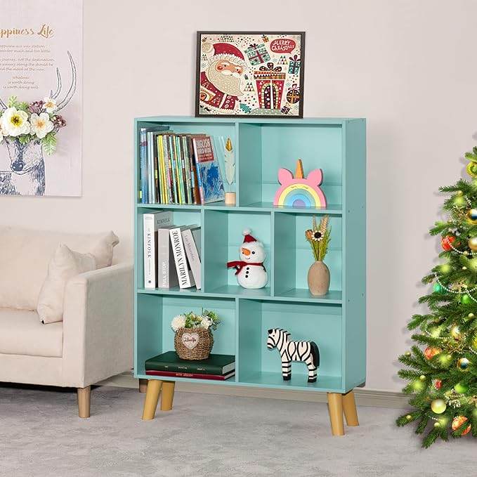 LEYAOYAO 7 Cube Bookshelf 3-Tier Bookcase with Legs, Mint-Green Kids Book Shelf Cute Storage Organizer, Toy Shelves Bookshelves,Wood Display Bookcases